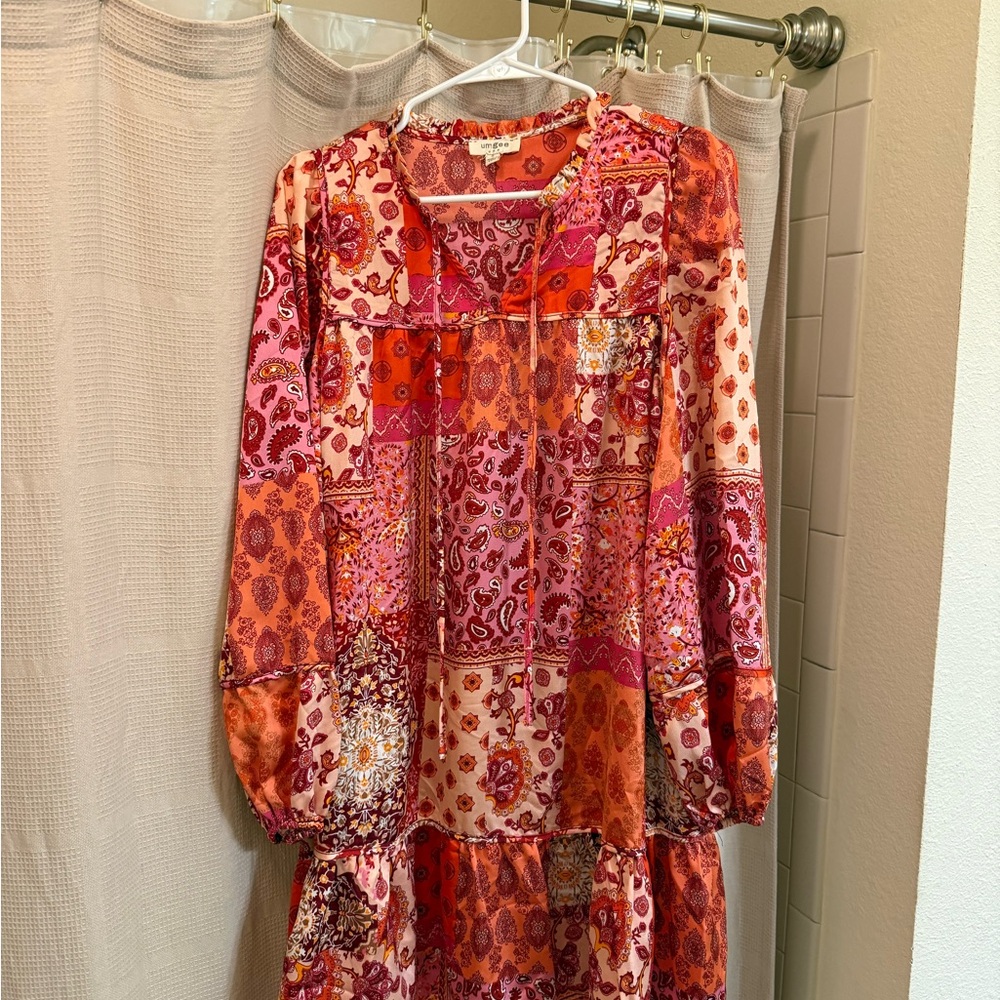 Umgee Vibrant Long Sleeve Dress - Red and Pink Patchwork